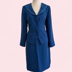 Vintage 90s Royal Blue Beaded Collar Skirt Suit — Size 12